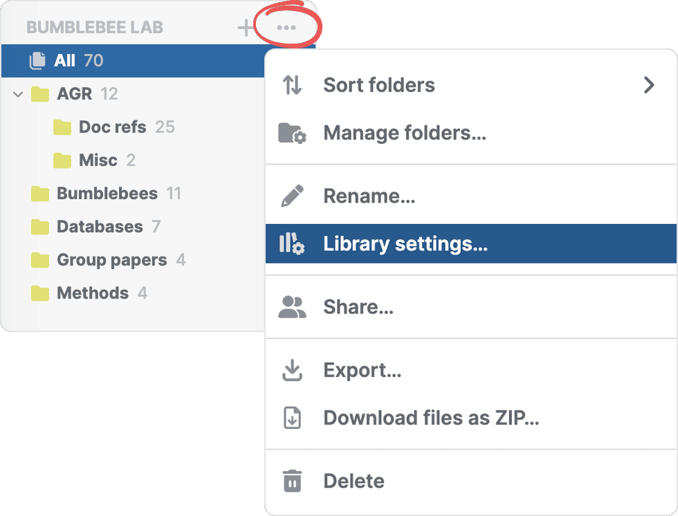 A shared library’s circled three-dot menu in the sidebar, open with “Library settings…” highlighted, above Share…, Export…, “Download files as ZIP…” and Delete, and below Sort folders, Manage folders… and Rename…